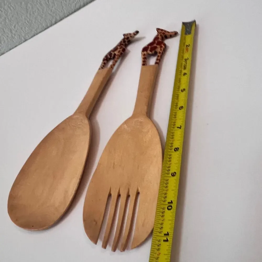 Wood Salad Server Set Giraffe Handle African Safari‎ Spoon Fork Kitchen Handmade